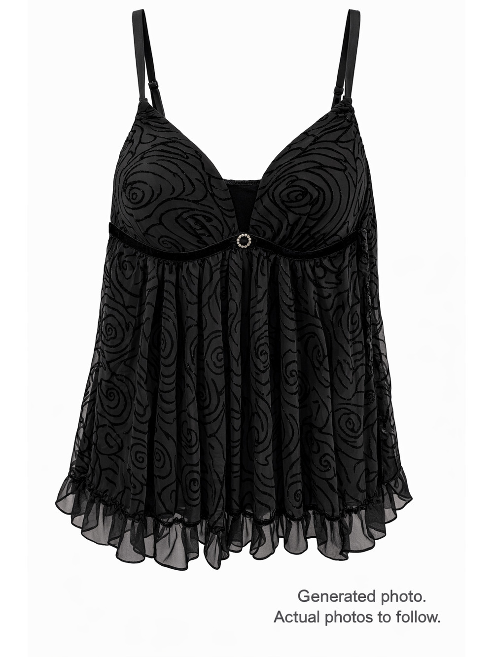 Ambrielle Black Sheer Babydoll Lingerie Rose Flocked Mesh Ruffle Hem Medium